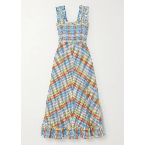 New Ganni Smocked Plaid Seersucker Maxi Dress 40, 8, M $285 - Picture 3 of 10